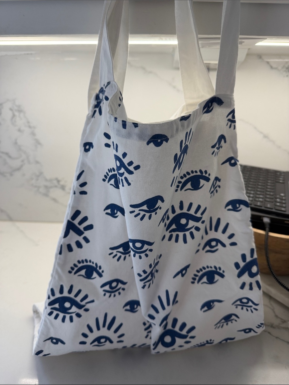 World Market White Tote with Navy Eye Print
